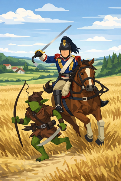 Cavalier de la Garde Volontaire poursuivant un gobelin qui menaçait un village, circa 140